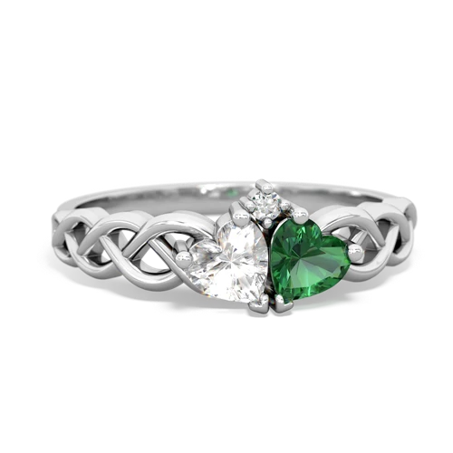 white topaz-lab emerald celtic braid ring