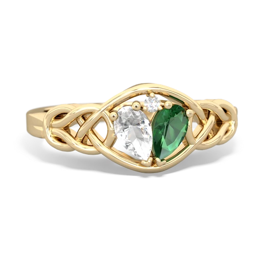 white topaz-lab emerald celtic knot ring