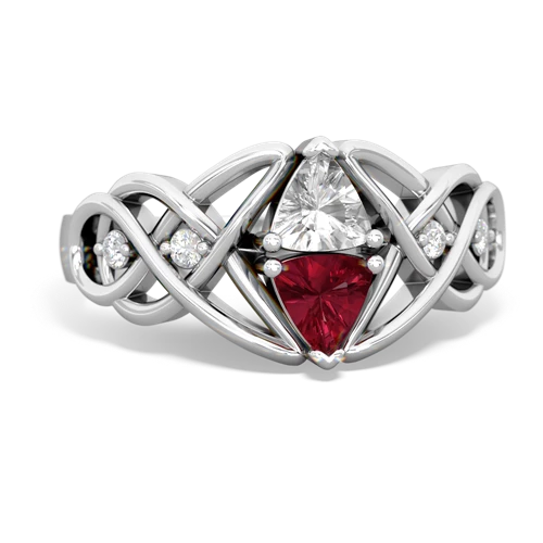 white topaz-lab ruby celtic knot ring