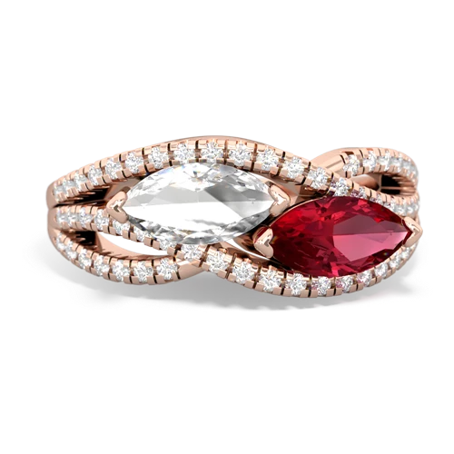 white topaz-lab ruby double heart ring