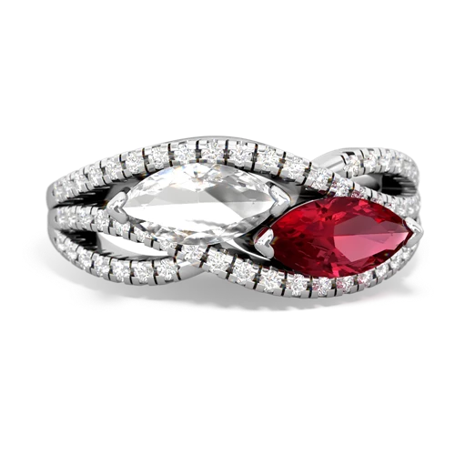 white topaz-lab ruby double heart ring