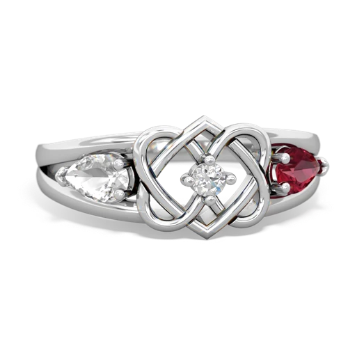 white topaz-lab ruby double heart ring