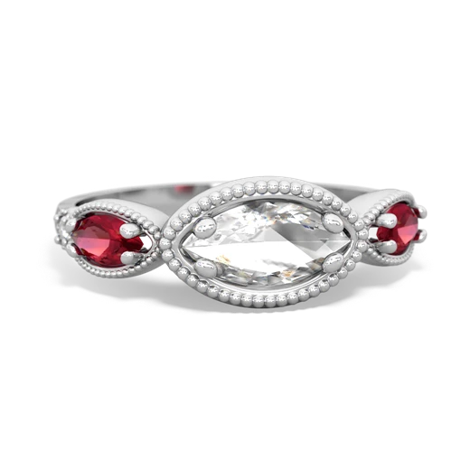 white topaz-lab ruby milgrain marquise ring