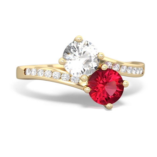white topaz-lab ruby two stone channel ring