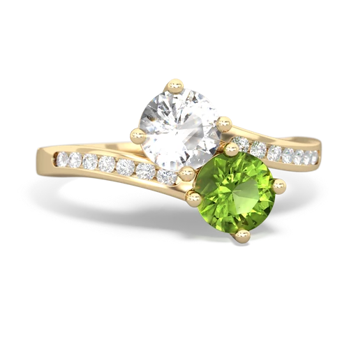 white topaz-peridot two stone channel ring