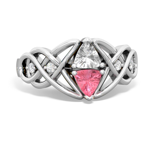 white topaz-pink sapphire celtic knot ring