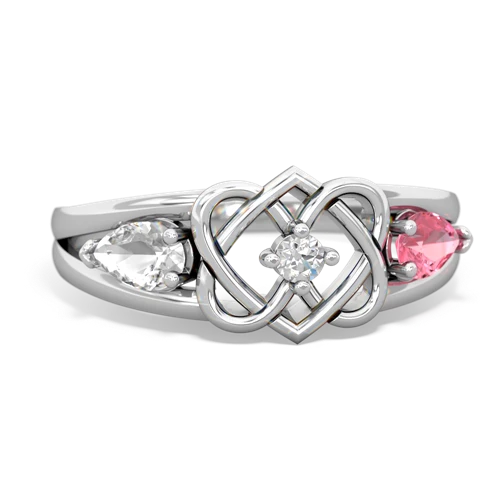 white topaz-pink sapphire double heart ring