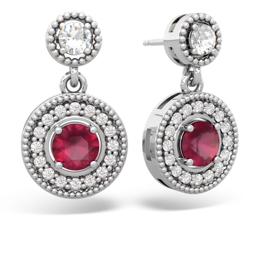 white topaz-ruby halo earrings