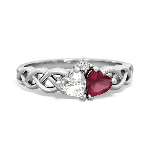 white topaz-ruby celtic braid ring