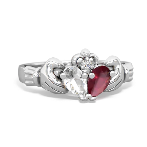 white topaz-ruby claddagh ring