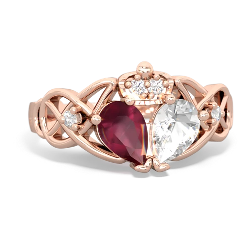 white topaz-ruby claddagh ring