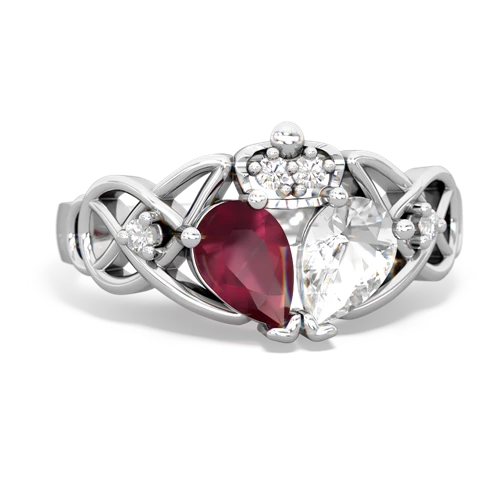 white topaz-ruby claddagh ring