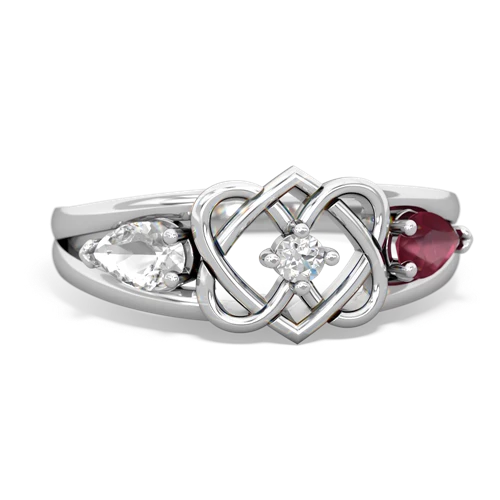 white topaz-ruby double heart ring