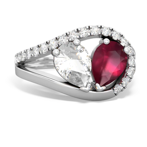 white topaz-ruby pave heart ring