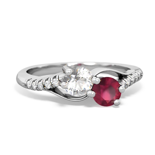 white topaz-ruby two stone infinity ring