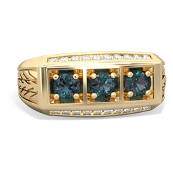 Aquamarine Three Stone Tire Tread Men's 14K Yellow Gold ring R0520