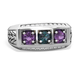 Alexandrite Three Stone Tire Tread Men's 14K White Gold ring R0520