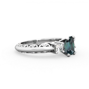 Alexandrite Art Deco Diamond 7X5 Emerald-Cut Engagement 14K White Gold ring R20017EM