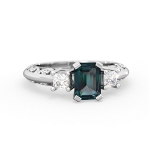 Alexandrite Art Deco Diamond 7X5 Emerald-Cut Engagement 14K White Gold ring R20017EM