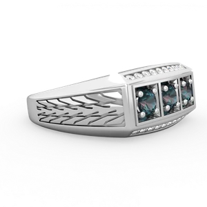 Alexandrite Three Stone Tire Tread Men's 14K White Gold ring R0520