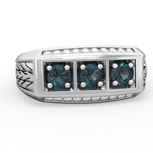 Alexandrite Three Stone Tire Tread Men's 14K White Gold ring R0520