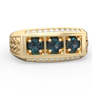 Alexandrite Three Stone Tire Tread Men's 14K Yellow Gold ring R0520