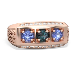 Alexandrite Three Stone Tire Tread Men's 14K Rose Gold ring R0520