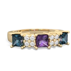 Amethyst Three Stone Diamond Cluster 14K Yellow Gold ring R2592