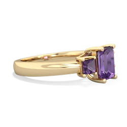 Lab Pink Sapphire Three Stone Emerald-Cut Trellis 14K Yellow Gold ring R4021