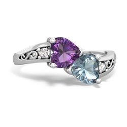 Amethyst Snuggling Hearts 14K White Gold ring R2178