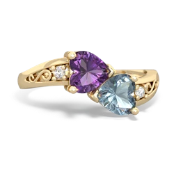 Amethyst Snuggling Hearts 14K Yellow Gold ring R2178