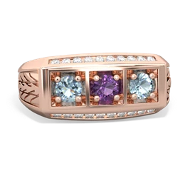 Amethyst Three Stone Tire Tread Men's 14K Rose Gold ring R0520