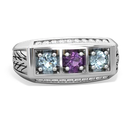 Amethyst Three Stone Tire Tread Men's 14K White Gold ring R0520