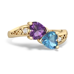 Amethyst Snuggling Hearts 14K Yellow Gold ring R2178