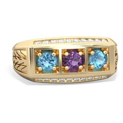 Amethyst Three Stone Tire Tread Men's 14K Yellow Gold ring R0520