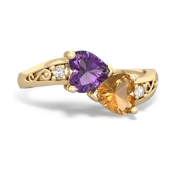 Amethyst Snuggling Hearts 14K Yellow Gold ring R2178