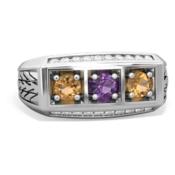 Amethyst Three Stone Tire Tread Men's 14K White Gold ring R0520