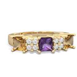 Amethyst Three Stone Diamond Cluster 14K Yellow Gold ring R2592