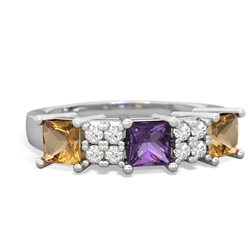 Amethyst Three Stone Diamond Cluster 14K White Gold ring R2592