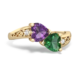 Amethyst Snuggling Hearts 14K Yellow Gold ring R2178