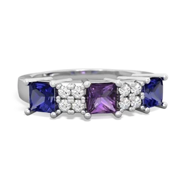 Amethyst Three Stone Diamond Cluster 14K White Gold ring R2592