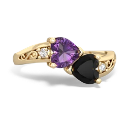 Amethyst Snuggling Hearts 14K Yellow Gold ring R2178