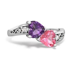 Amethyst Snuggling Hearts 14K White Gold ring R2178