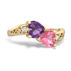 Amethyst Snuggling Hearts 14K Yellow Gold ring R2178