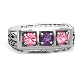 Amethyst Three Stone Tire Tread Men's 14K White Gold ring R0520