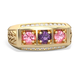 Amethyst Three Stone Tire Tread Men's 14K Yellow Gold ring R0520