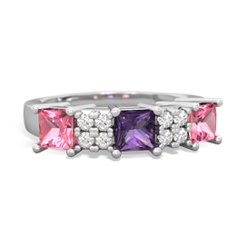 Amethyst Three Stone Diamond Cluster 14K White Gold ring R2592