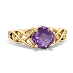 Amethyst Checkerboard Cushion Celtic Knot 14K Yellow Gold ring R5000