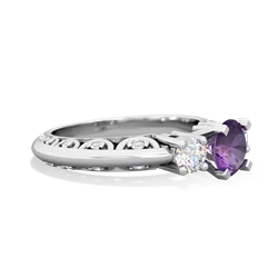 Amethyst Art Deco Diamond 6Mm Round Engagment 14K White Gold ring R2003