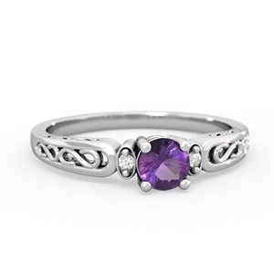 Amethyst Filligree Scroll Round 14K White Gold ring R0829